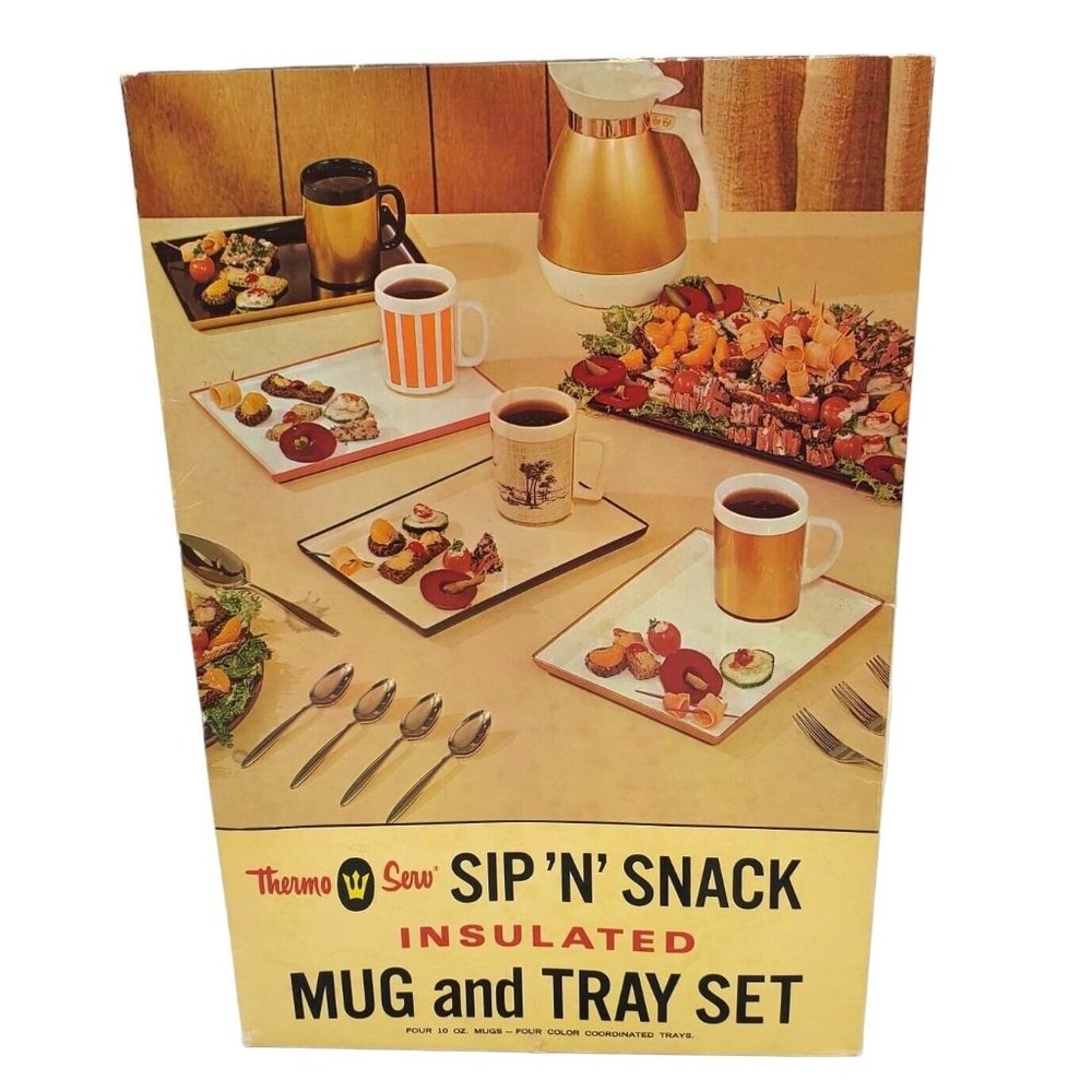 Vintage Thermo Serv Sip 'n' Snack Insulated Mug & Tray‎ Set Black/Gold Set 3x